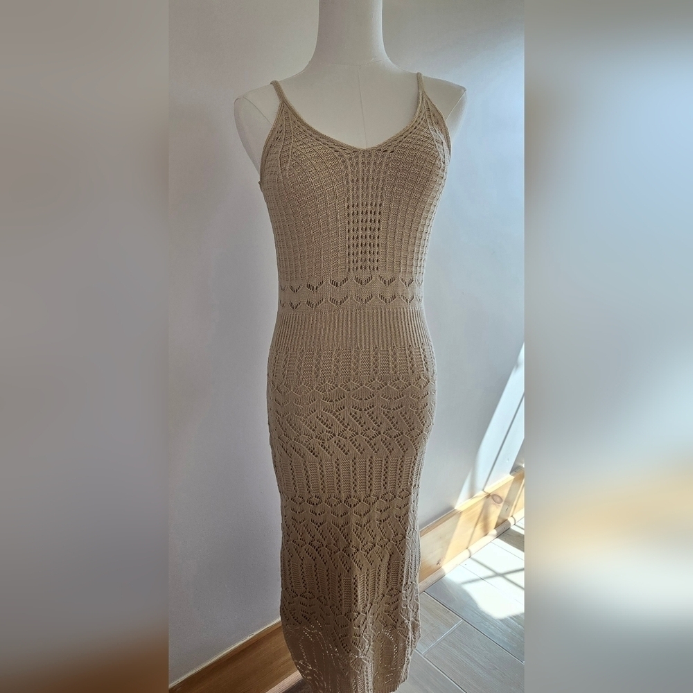NWT Freshman 1996 Stretchy Strappy Crochet Midi Dress Tan Beige XS